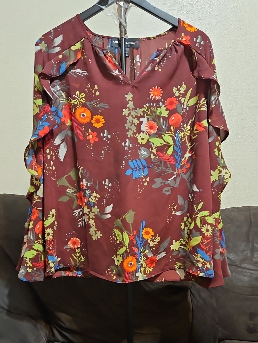 Colleen Lopez Maroon Floral Ruffle Sleeve Blouse
